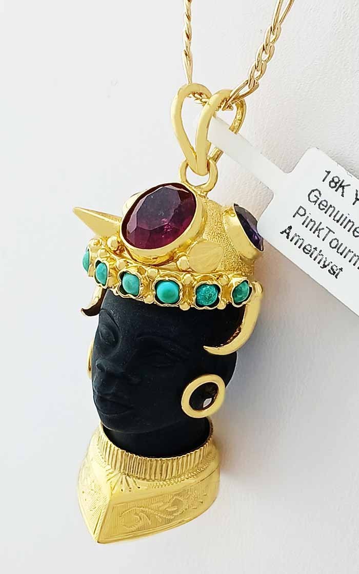 GENUINE PINK TOURMALINE, TURQUOISE & AMETHYST PENDANT SOLID 18k GOLD – NWT