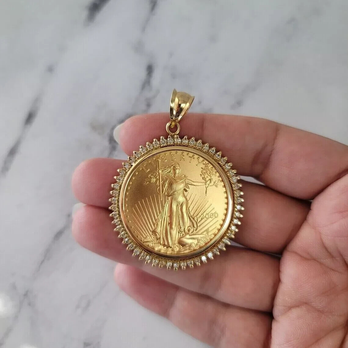 Sterling Silver 2 Ct Round Moissanite Liberty COIN Pendant 14kYellow Gold Plated