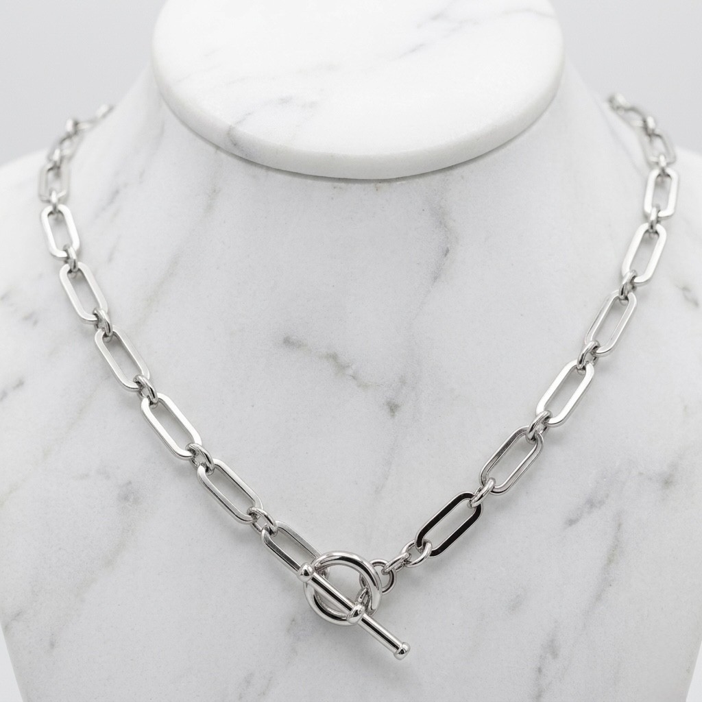 Paper Clip Rolo Circle Chain Toggle Necklace Anti-tarnish Real Sterling Silver
