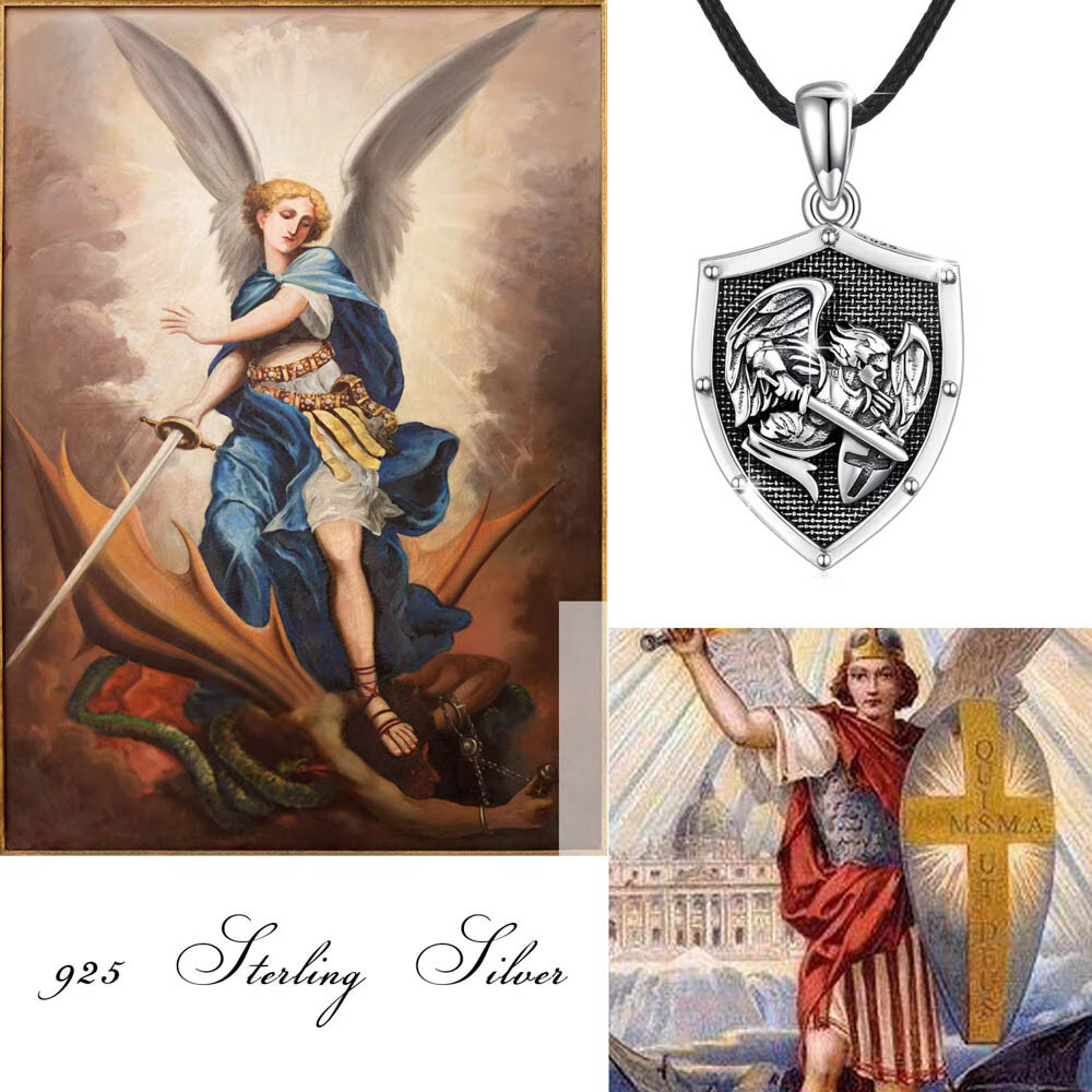 MLD 925 Sterling Silver Saint St Michael Shield Pendant Necklace w/ 22″ Cord