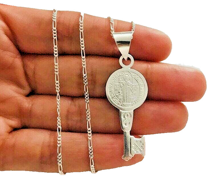 925 Silver Saint Benedict Key Pendant Necklace 20″ Figaro-45mm San Benito- P63-1