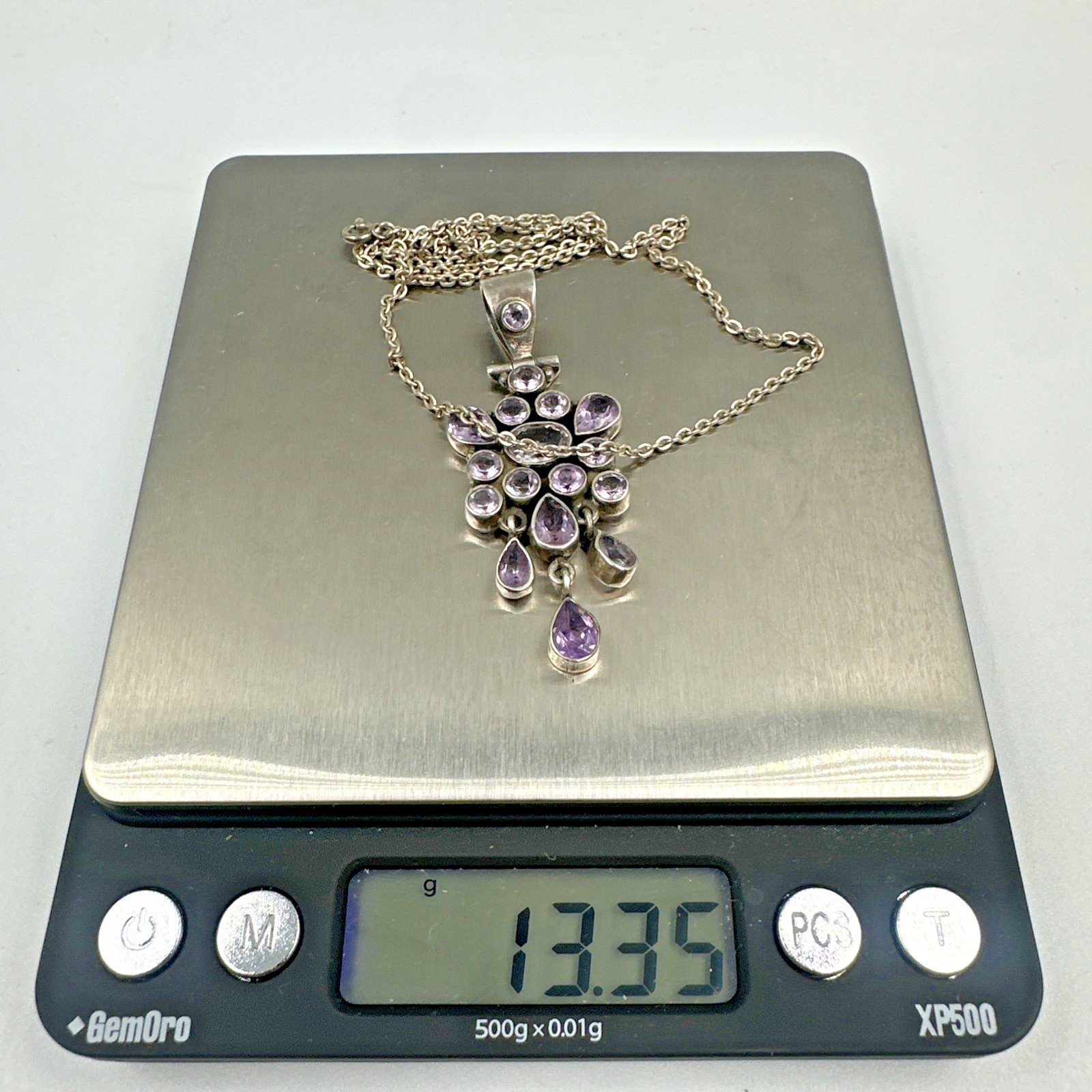 Vintage Amethyst Handmade Sterling Silver Cluster Pendant on 18″ 925 Necklace