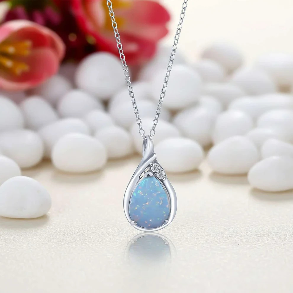 Lab Created Opal and moissanite Necklace 925 Silver Pendant With Chain Necklace