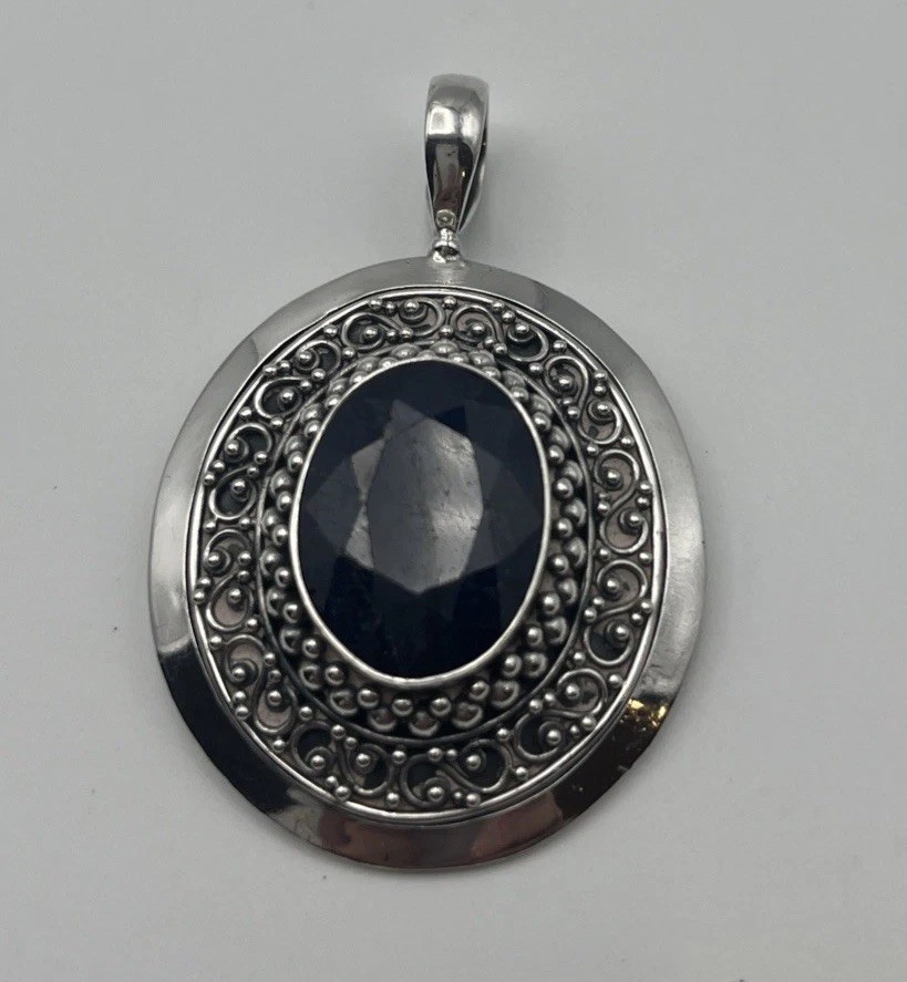925 Sterling Dark Blue Sodalite Faceted Oval Statement Pendant 2.25” Signed BNY
