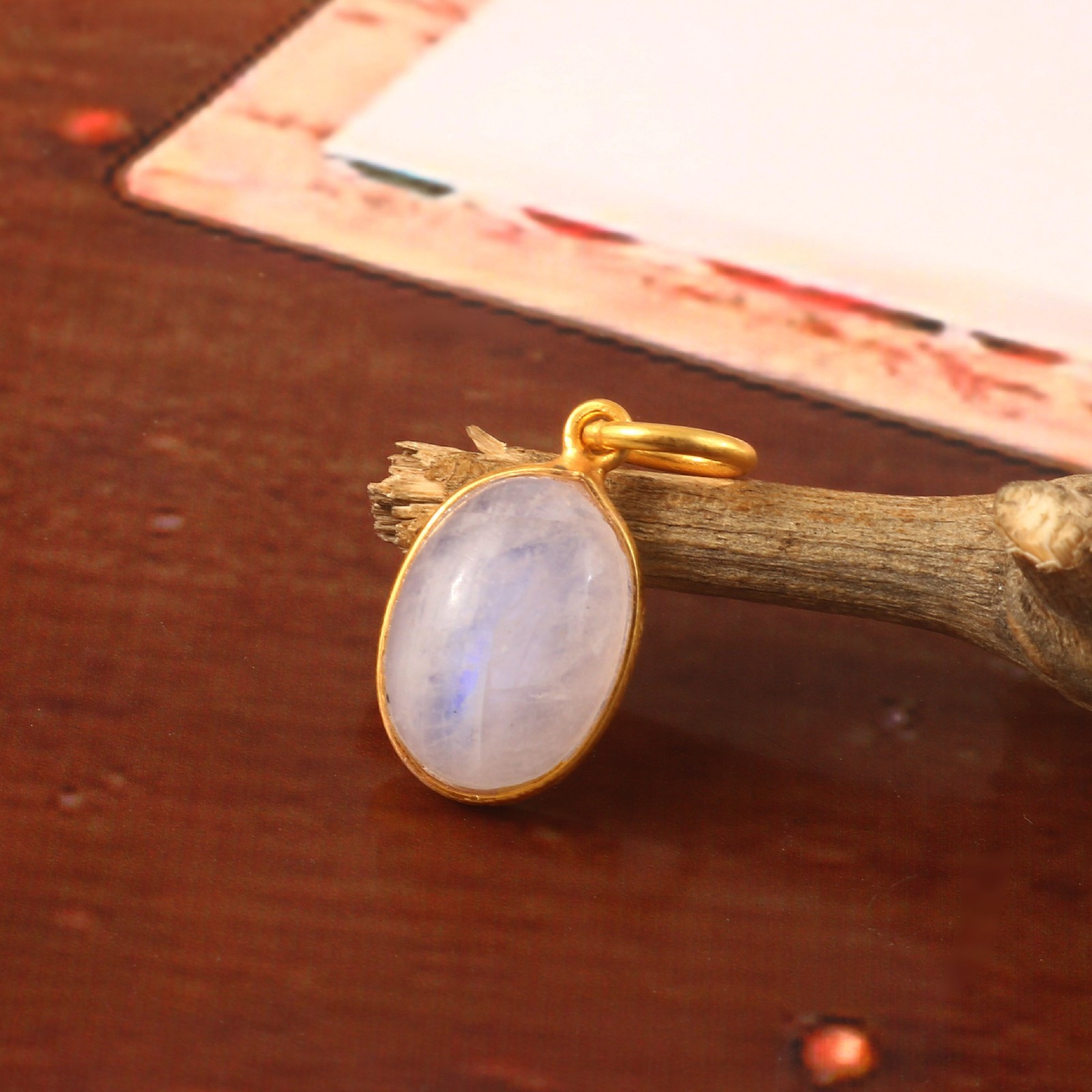 Blue Flash Moonstone Pendant 14K Gold Pear Shape Handmade Charm 3166