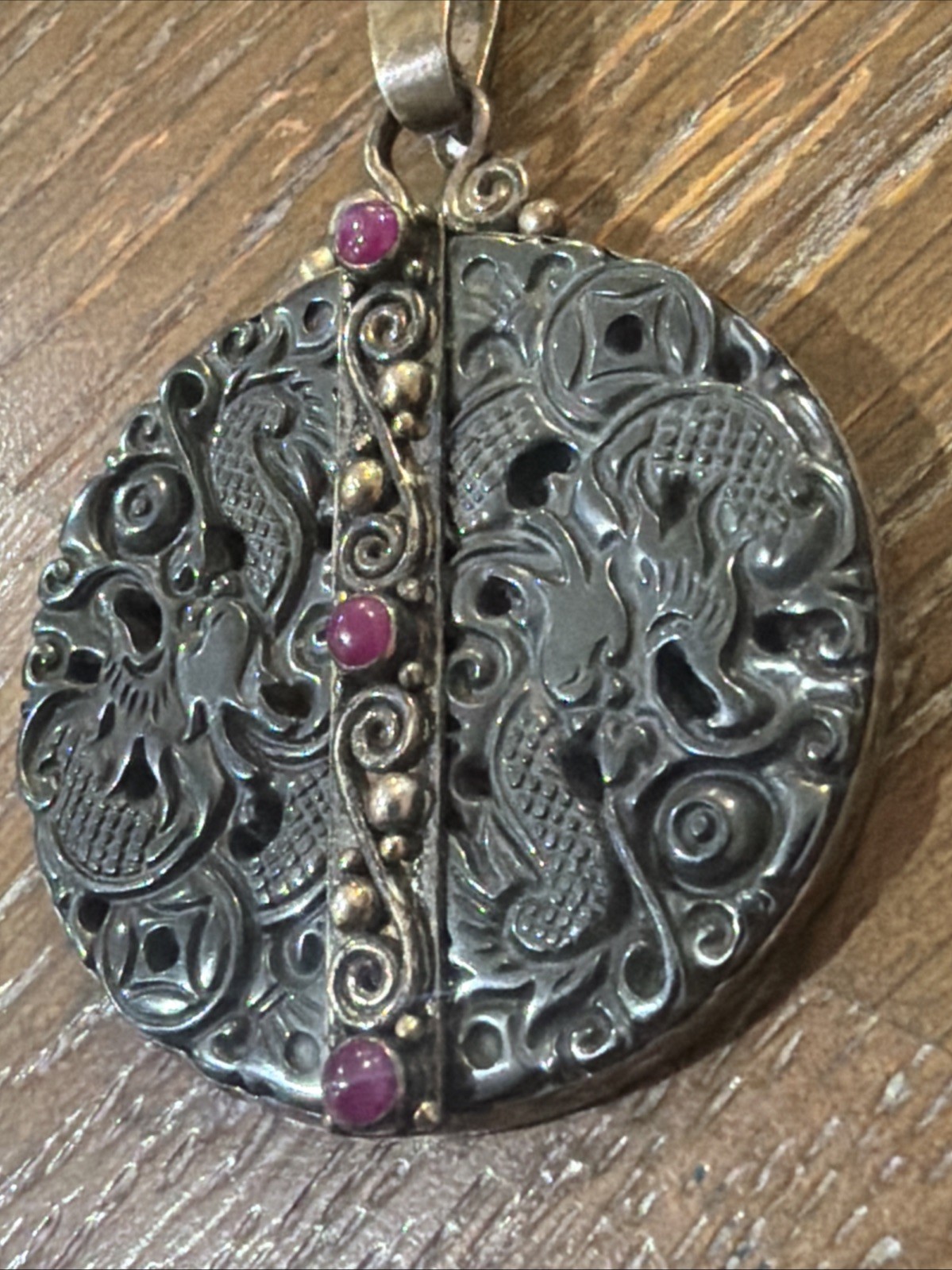 Sajen Sterling Silver Carved Hematite Dragon Ruby Disk Pendant 49.7g Unique