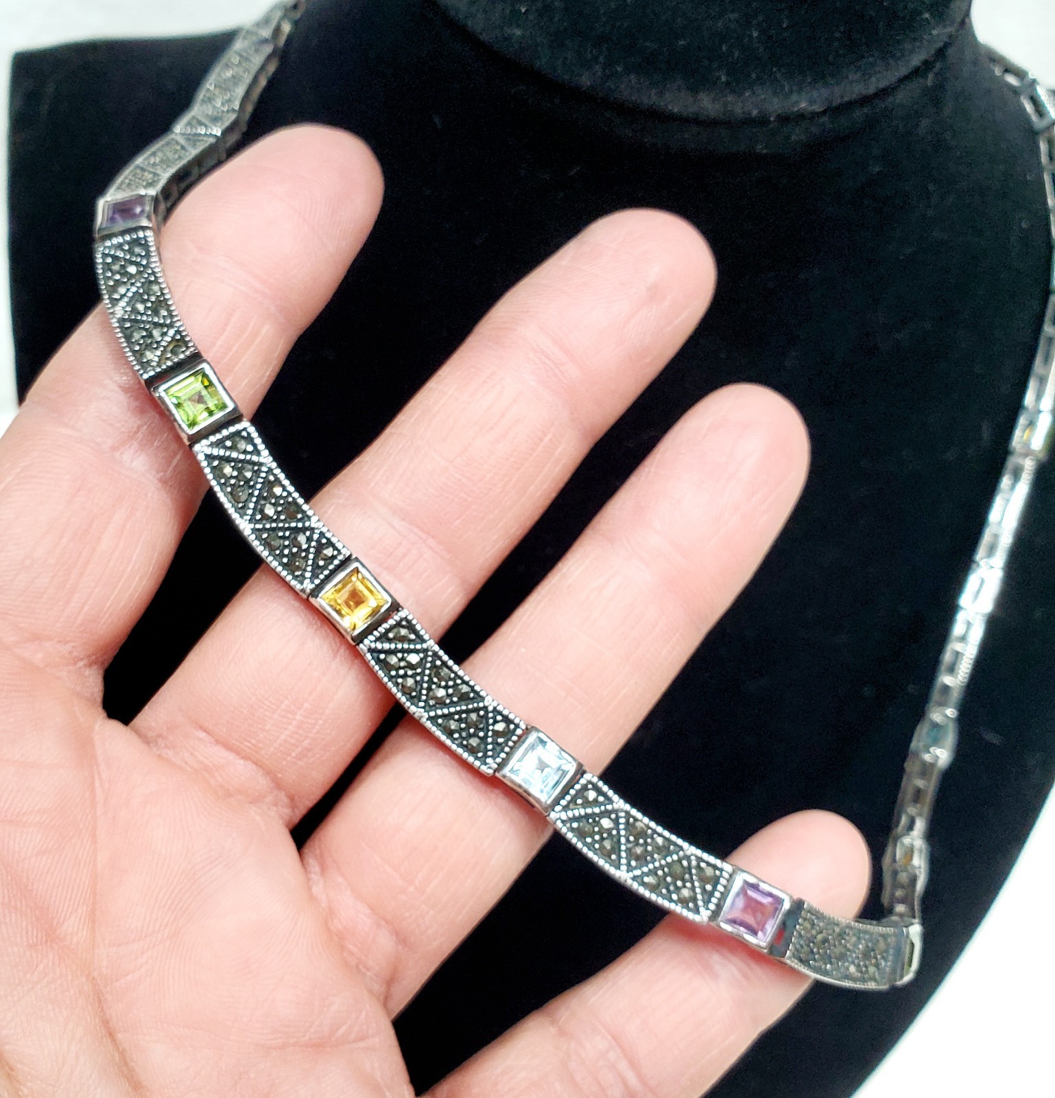 Art Deco Style Sterling Silver 925 Marcasite & Multi Gemstone Necklace Estate