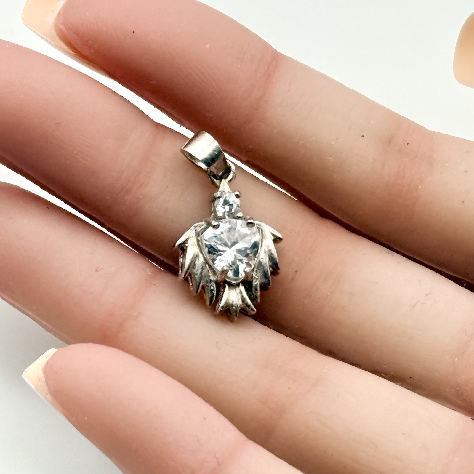 Vintage Sterling Silver 925 CZ Pendant Jewelry Angel Wings Guardian Angel NOS 1”