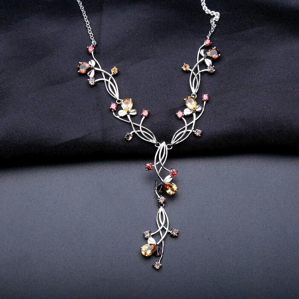 Natural Garnet Citrine 925 Silver Handmade Vintage Bridal Wedding Necklace