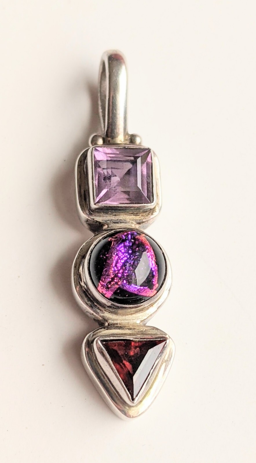 Vintage 3 Stone Sterling Multi Cut Purple Gemstone 1½” Drop Dangle PENDANT