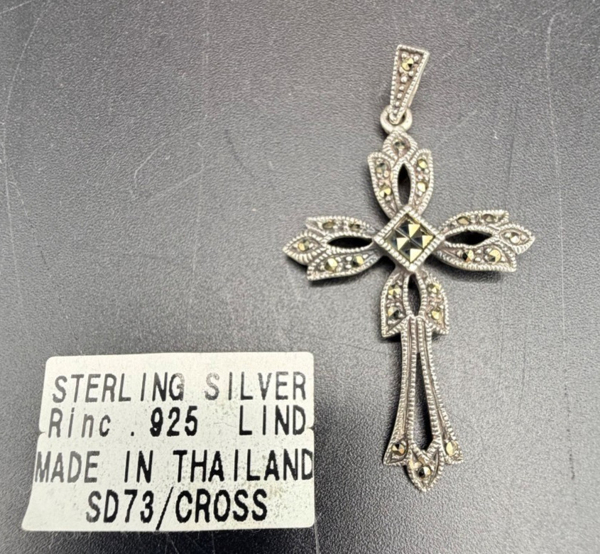 Vintage Sterling Silver 925 Marcasite Cross Pendant Gothic Thailand