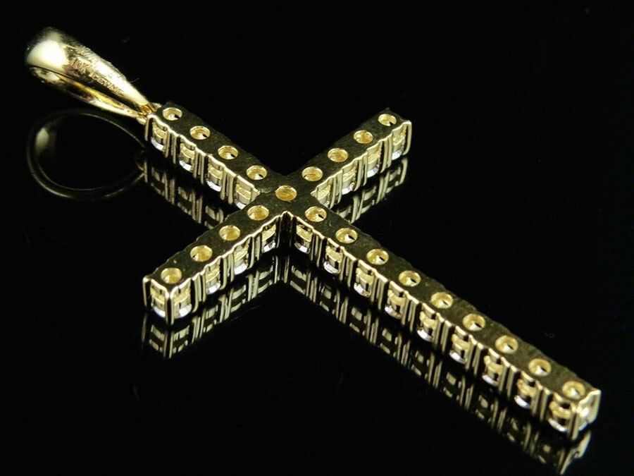 14K Yellow Gold Finish One Row Shared Prong Diamond Cross Pendant Charm 2 ct