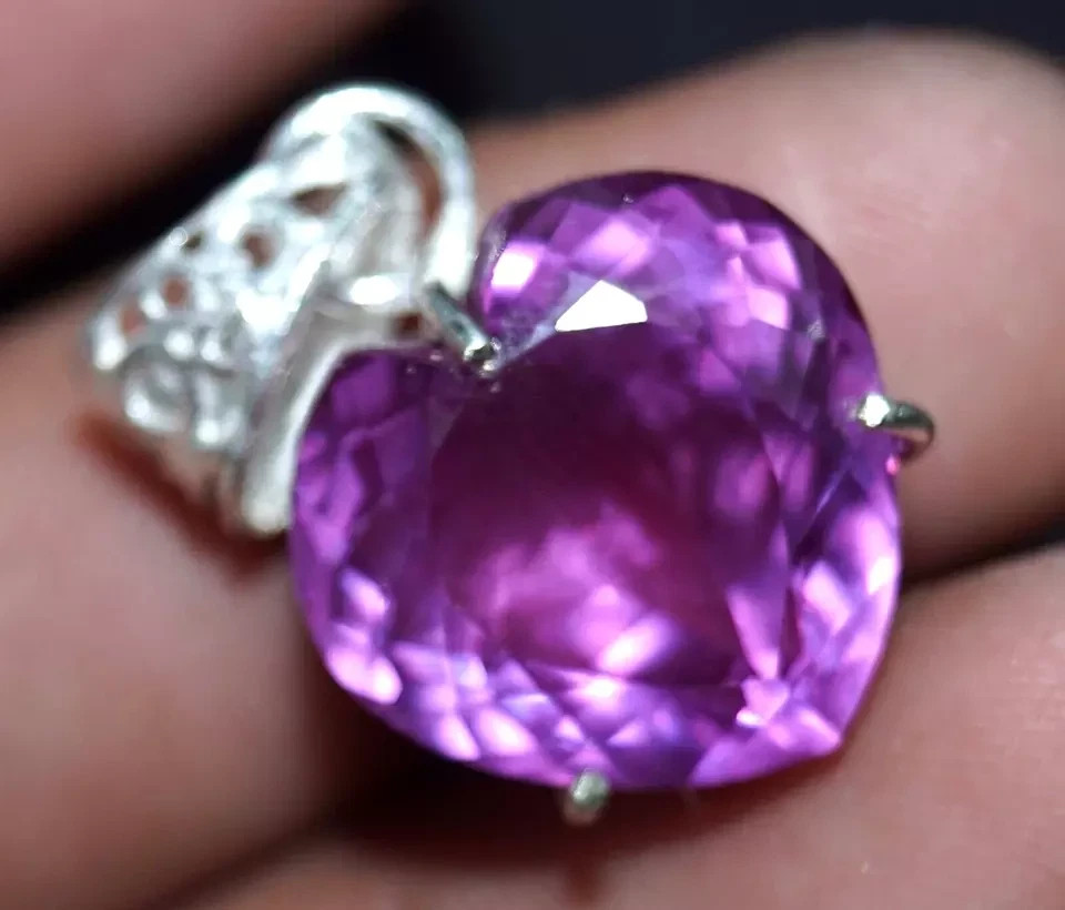 20 Ct Natural Purple Sapphire Heart Certified 925 Sterling Silver Gem Pendant