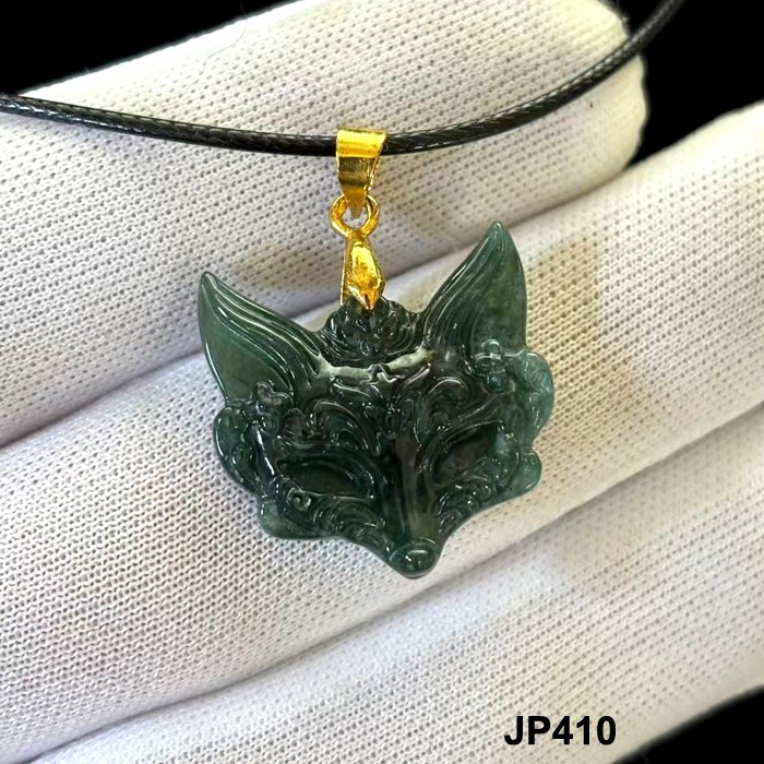 Natural Green Jade Jadeite Carved ‘FOX MASK’ Pendants Charms, Free Necklace