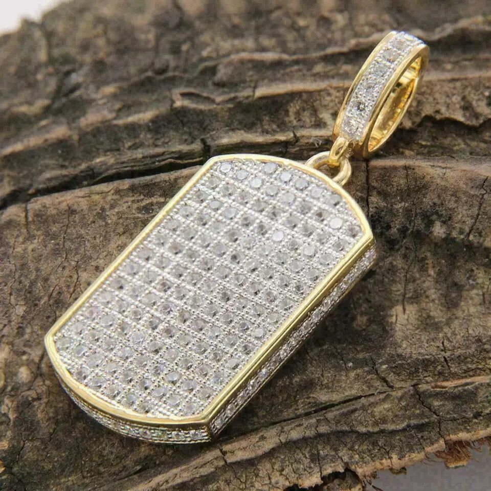 3Ct Round Cut D/VVS1 Diamond Dog Tag Pendant Charm 14k Yellow Gold Over