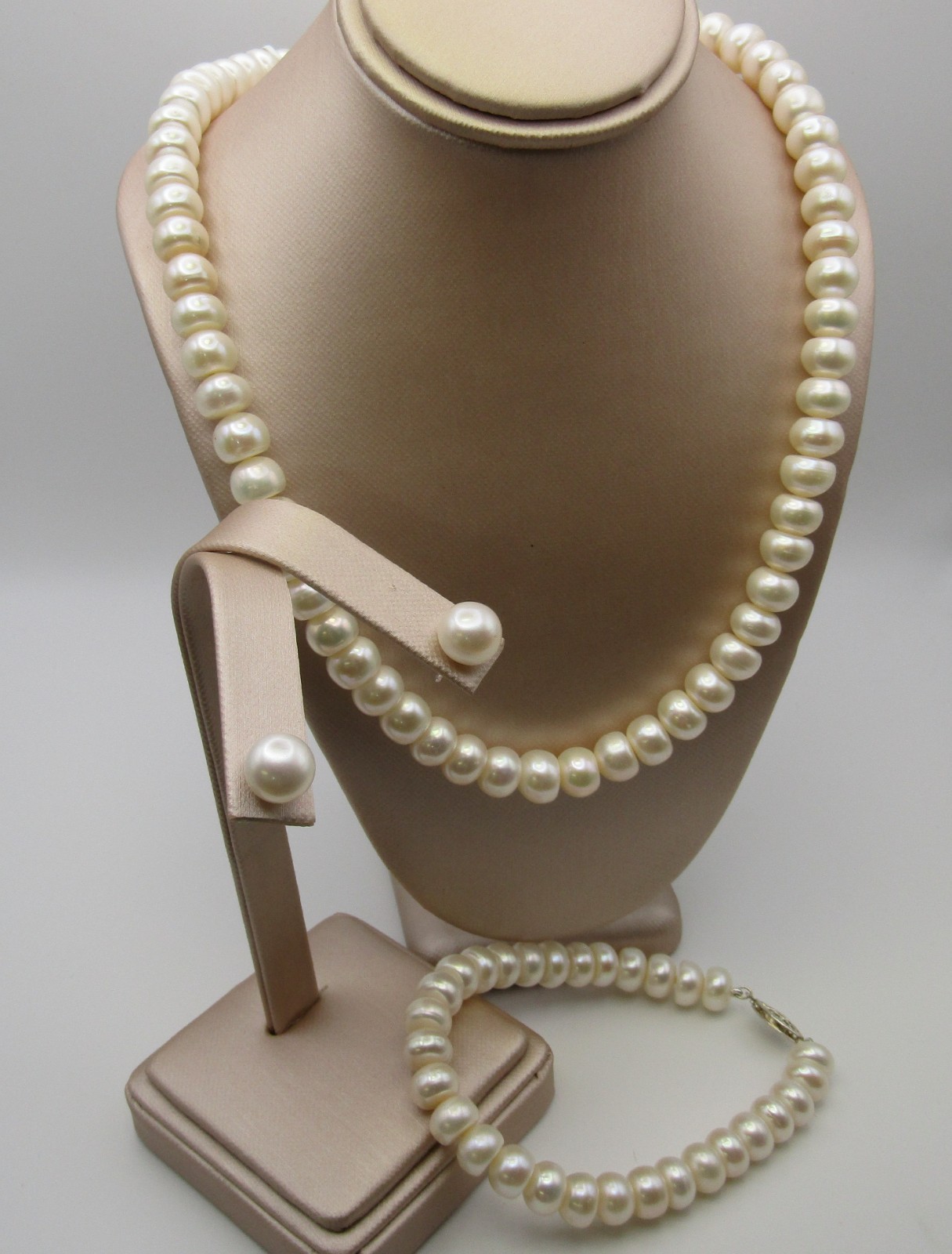 Exceptional New Sterling Silver Wt Rondelle Pearl Strand 18″ and Bracelet 7.5″
