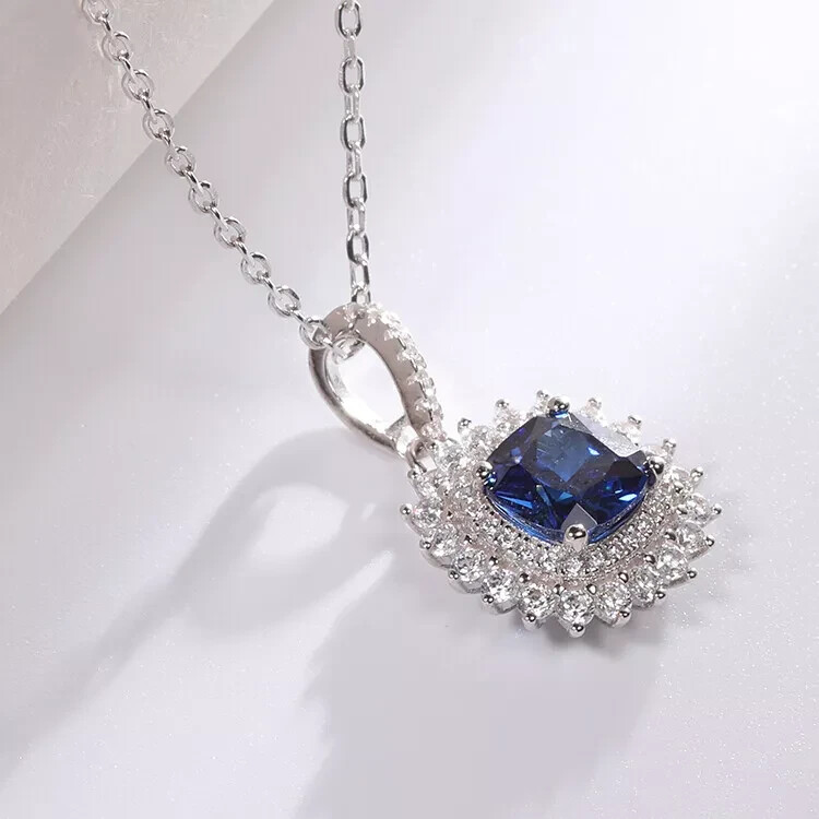 2Ct Cushion Shape Sapphire Solitaire Pendant Free Chain 14k White Gold Finish