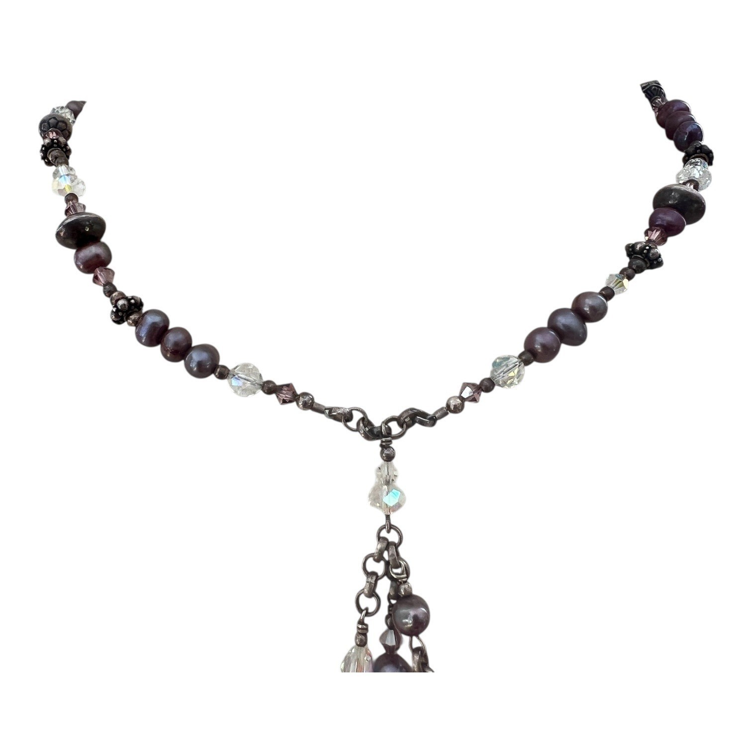 Tres Jolie Signed Sterling Silver Pearl & Crystal Tassel Beaded Necklace 18″