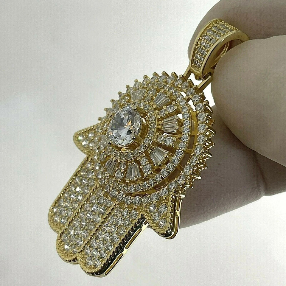 2.20 Ct Round Cut Created Diamond Hamsa Pendant 14K Yellow Gold Over Free Chain