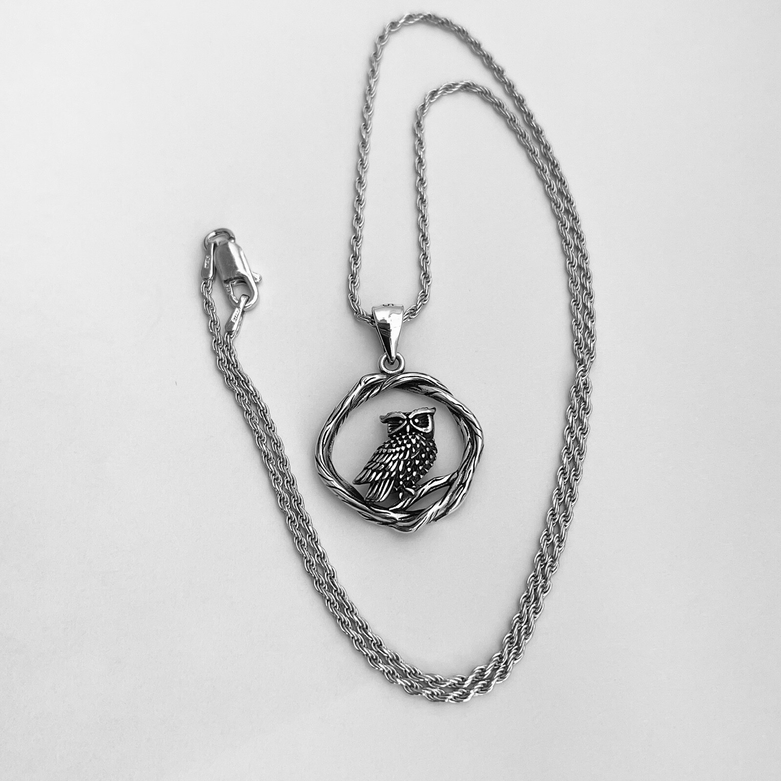 Sterling Silver Owl on Branch Necklace, Bird Chain, Owls, Animals, Spirit Birds