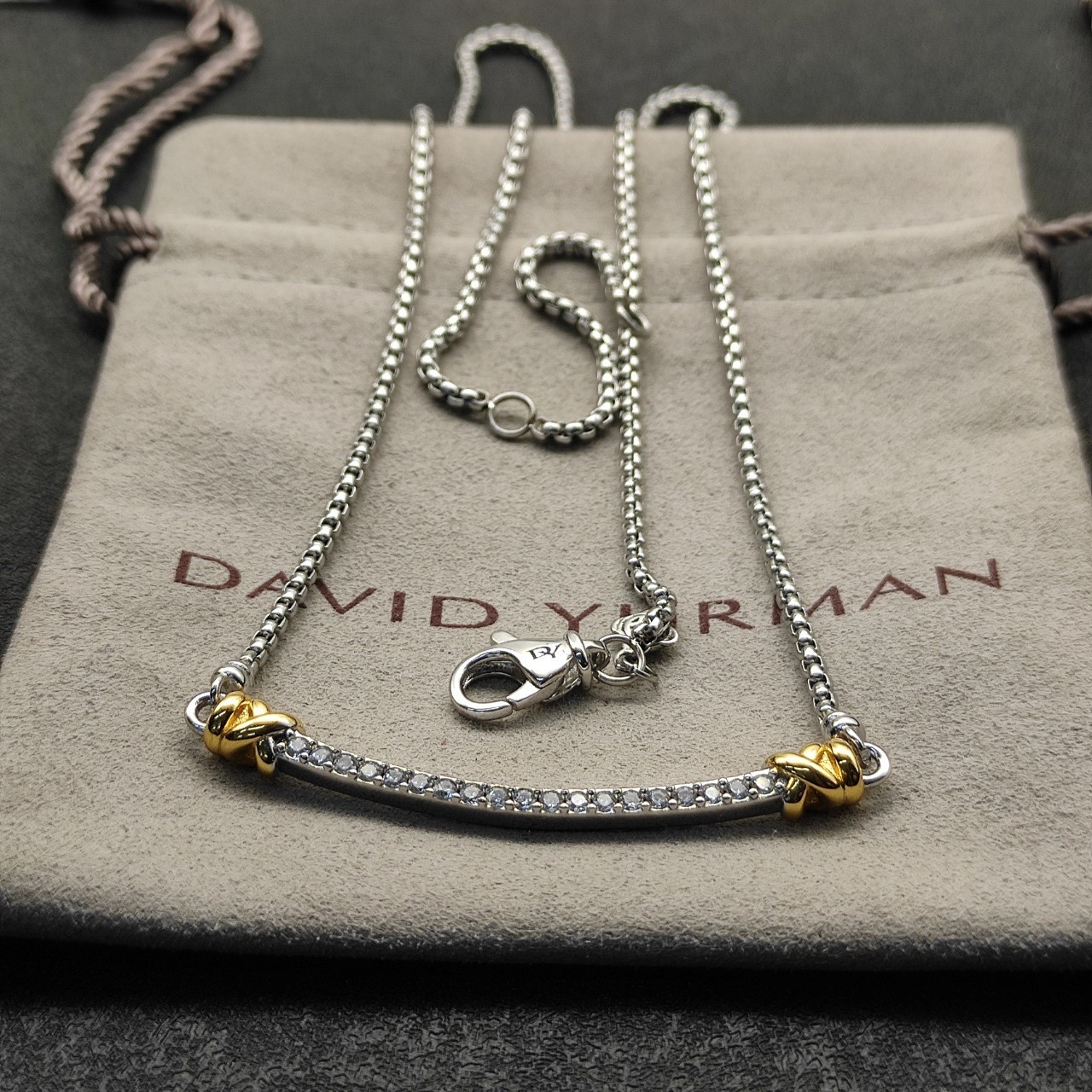David Yurman 925 Silver 18K Gold Pavé Diamond Bar Adjustable Necklace 55cm