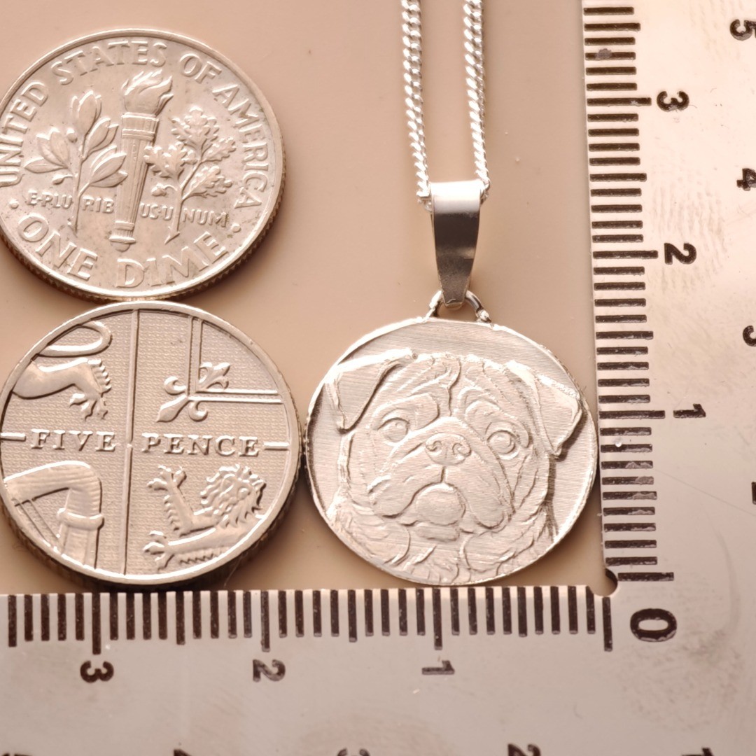 Pug Dog Necklace Sterling Silver Engraved Pet Lover Gift Handmade UK Personalise
