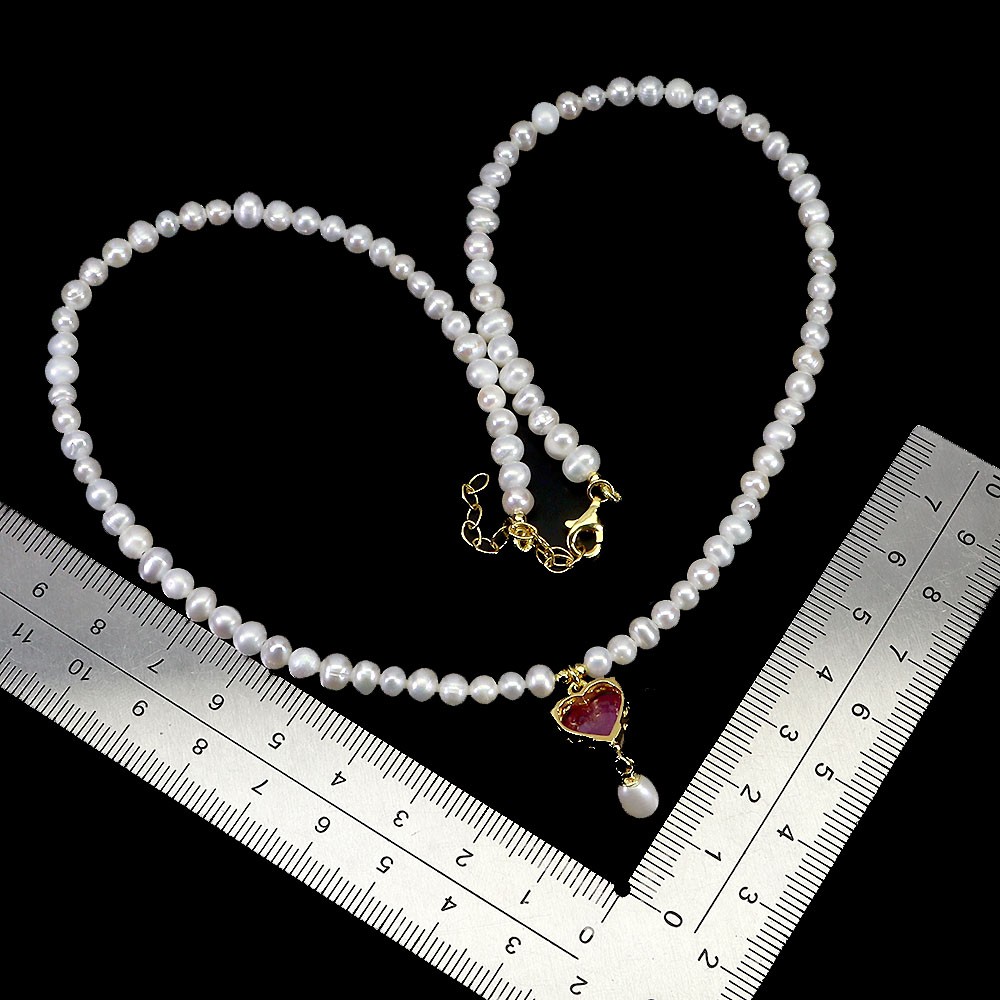 925 Sterling Silver Necklace Heart Ruby 9mm Natural Pearl Gemstone Jewelry 17.5