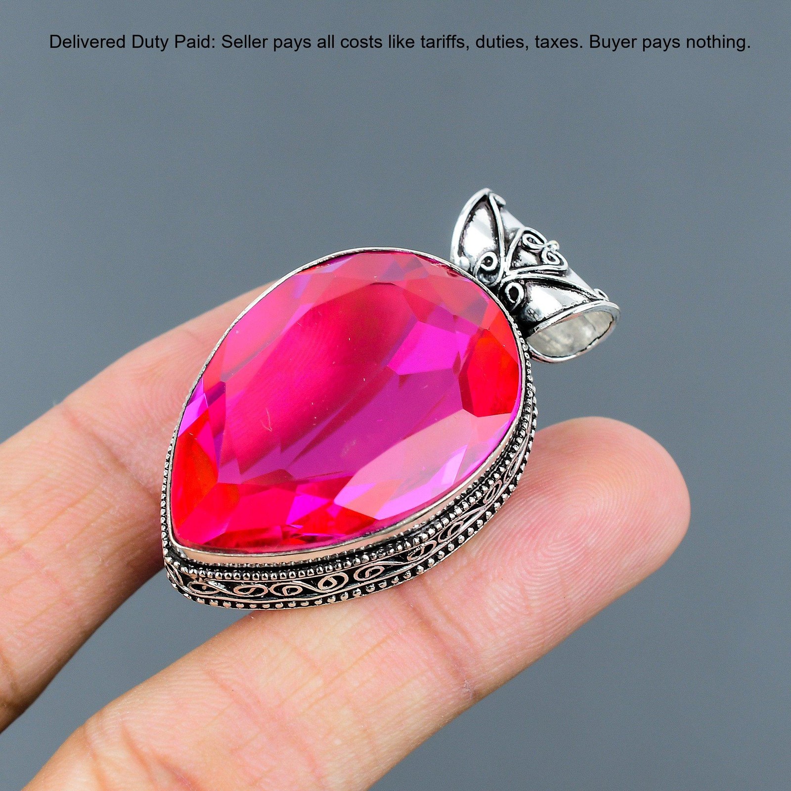 Pear Natural Pink Fire Topaz Bezel Birthday Vintage Wife Pendant Sterling Silver