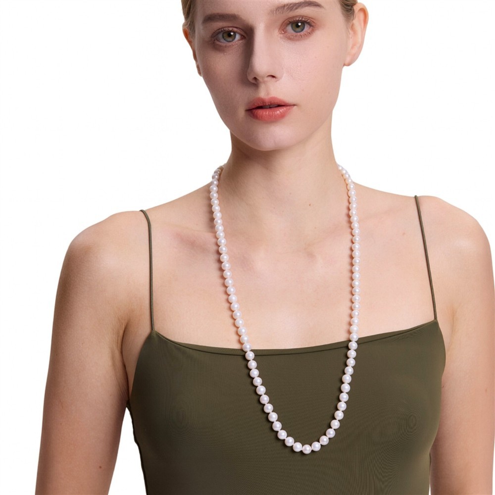 Long 30 Inch Genuine ROUND 9-10mm White Pearl Necklace Cultured Freshwater