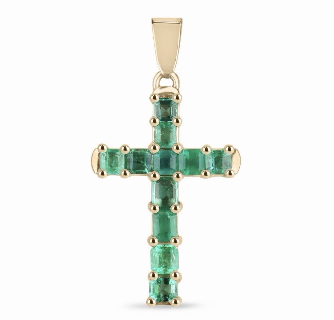 Emerald Gold Cross Pendant 14k Solid Yellow Gold Natural Emerald Pendant