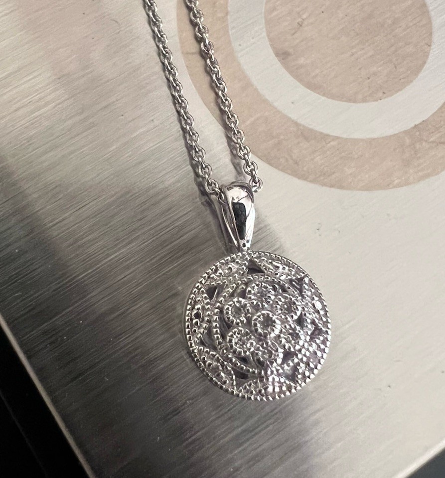 Sterling Silver Diamond Necklace Round Pendant .925 Flower Filigree $200 Retail