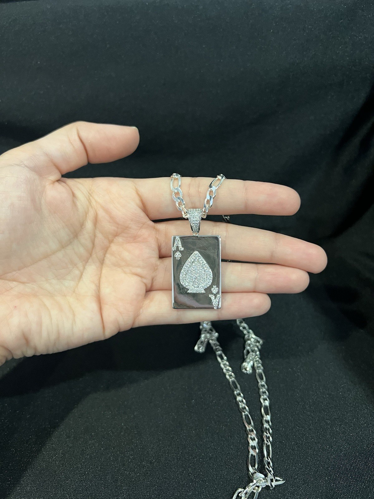925 Sterling Silver CZ Ace of Spades Poker Card Pendant & Figaro Chain 20 26 30