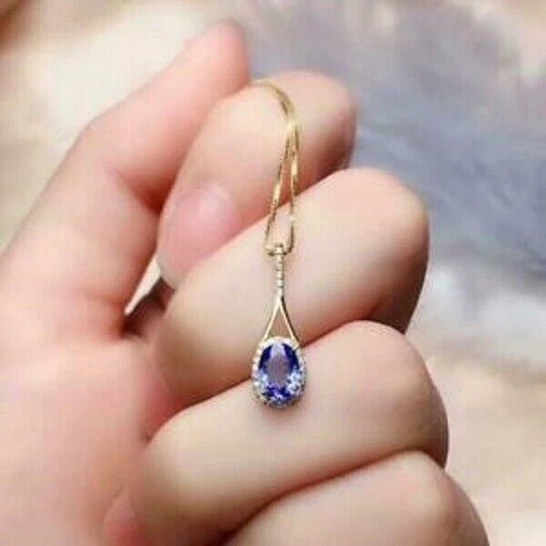 2Ct Oval Cut Blue Tanzanite Pendant Solid 14K Yellow Gold Finish Free Chain