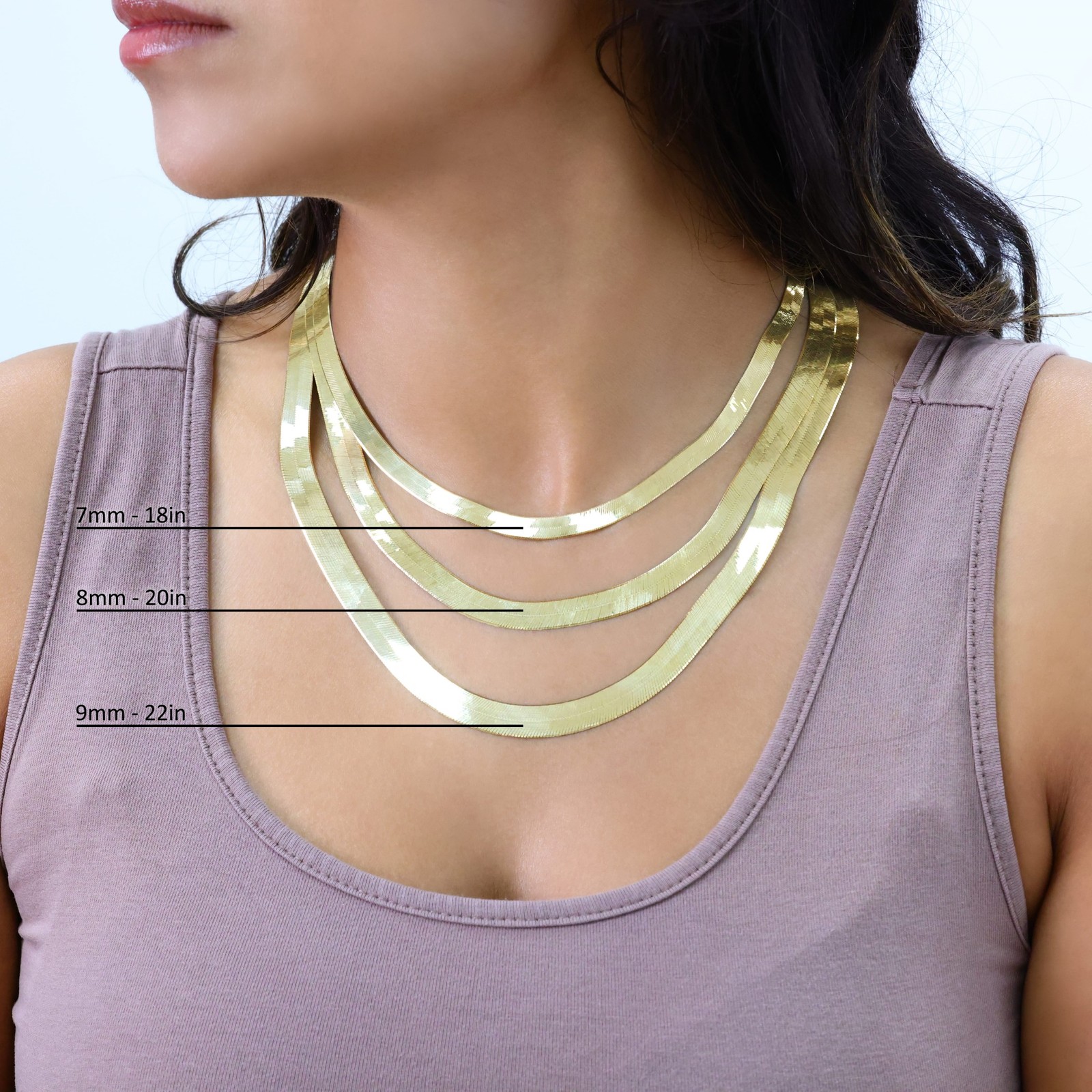 10K Yellow Gold Solid 3mm-9mm Flat Silky Herringbone Chain Necklace 16″- 24″
