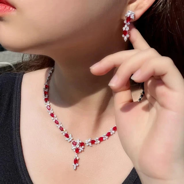 Lab-Created Oval Ruby & Diamond Wedding Women Necklace & Earrings Set 925 Silver