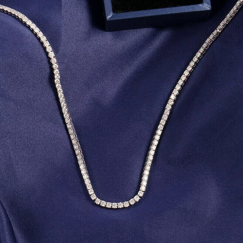 4MM Round Cut Real Moissanite Tennis Necklace Chain 14k White Gold Plated