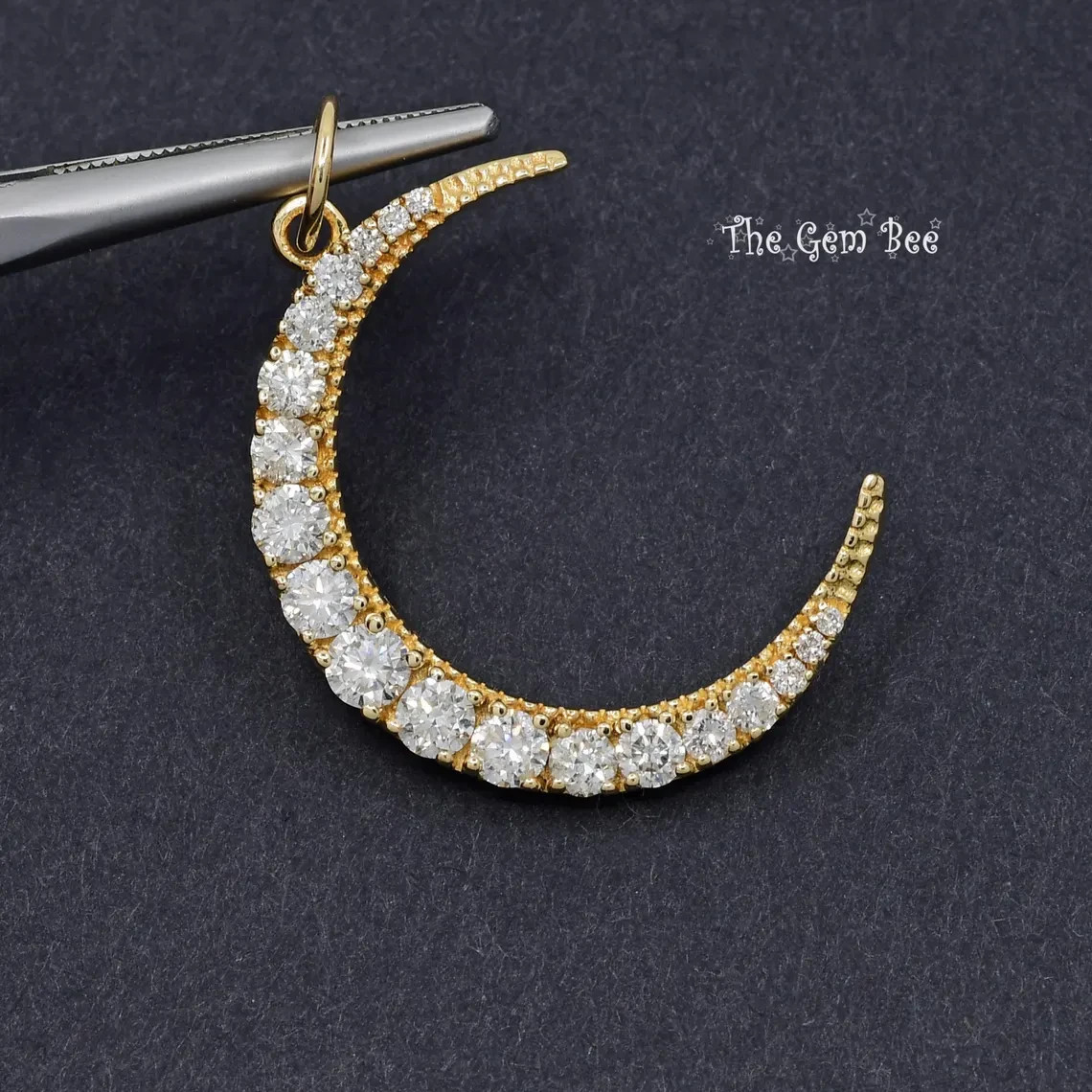 21x26mm 14K Yellow Gold 1.25CT Natural Diamond LARGE Crescent Moon Charm Pendant