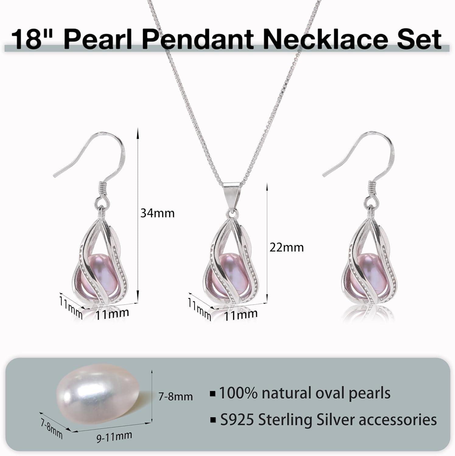 Pearl Jewelry Set for Women – Necklace & Earrings, Sterling Silver / Gold Plated