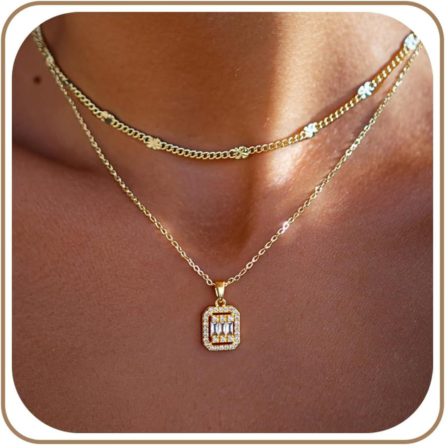 Dainty Pendant Gold Necklace for Women Layered 14K Diamond Pendant Gold Plated N