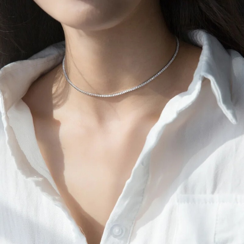 2mm Moissanite Tennis Chain Necklace 925 Sterling Silver Plated 14K White Gold