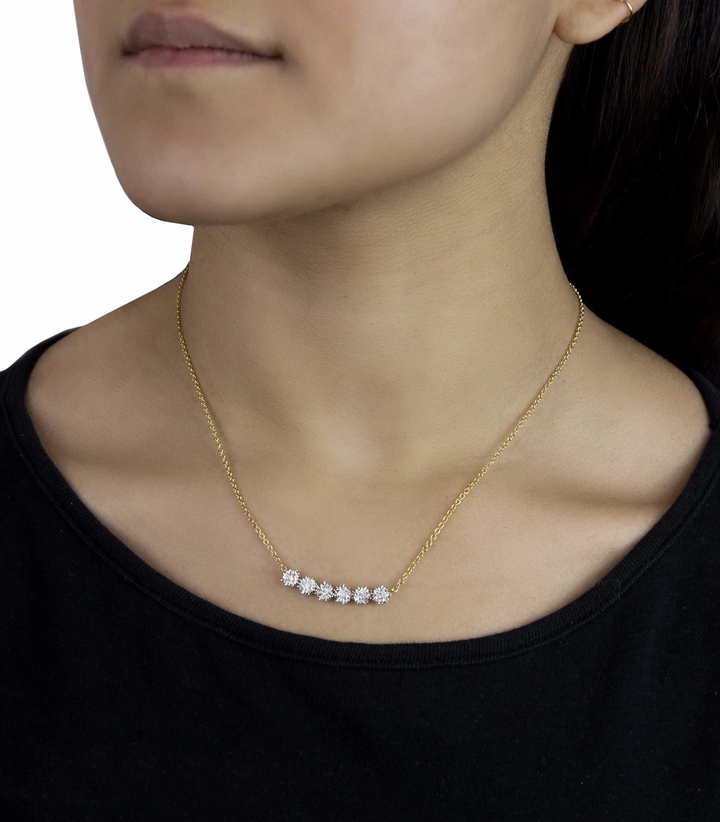 14k Two Tone Gold Row of Diamonds Necklace With Illusion H/SI Natural Diamonds