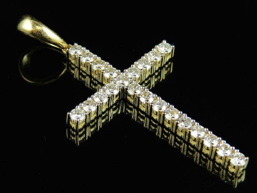 14K Yellow Gold Finish One Row Shared Prong Diamond Cross Pendant Charm 2 ct