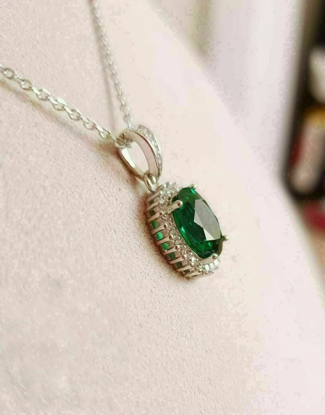 3Ct Oval Green Emerald Diamond Halo Pendant Free 18″ Chain 14K White Gold Finish
