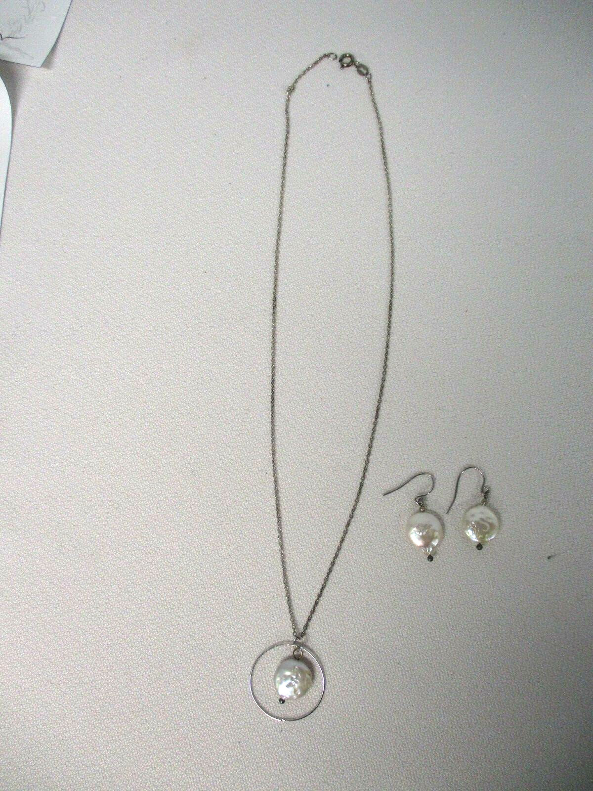 STERLING SILVER CHAIN NECKLACE & EARRINGS w CIRCLE PENDANT w PEARL ATI INDONESIA