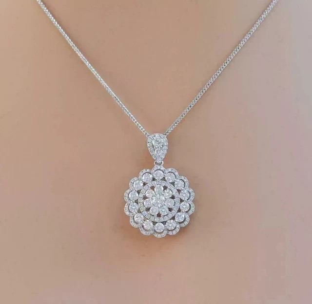 Real Moissanite 3Ct Round Cut Cluster Pendant Necklace 14K White Gold Plated