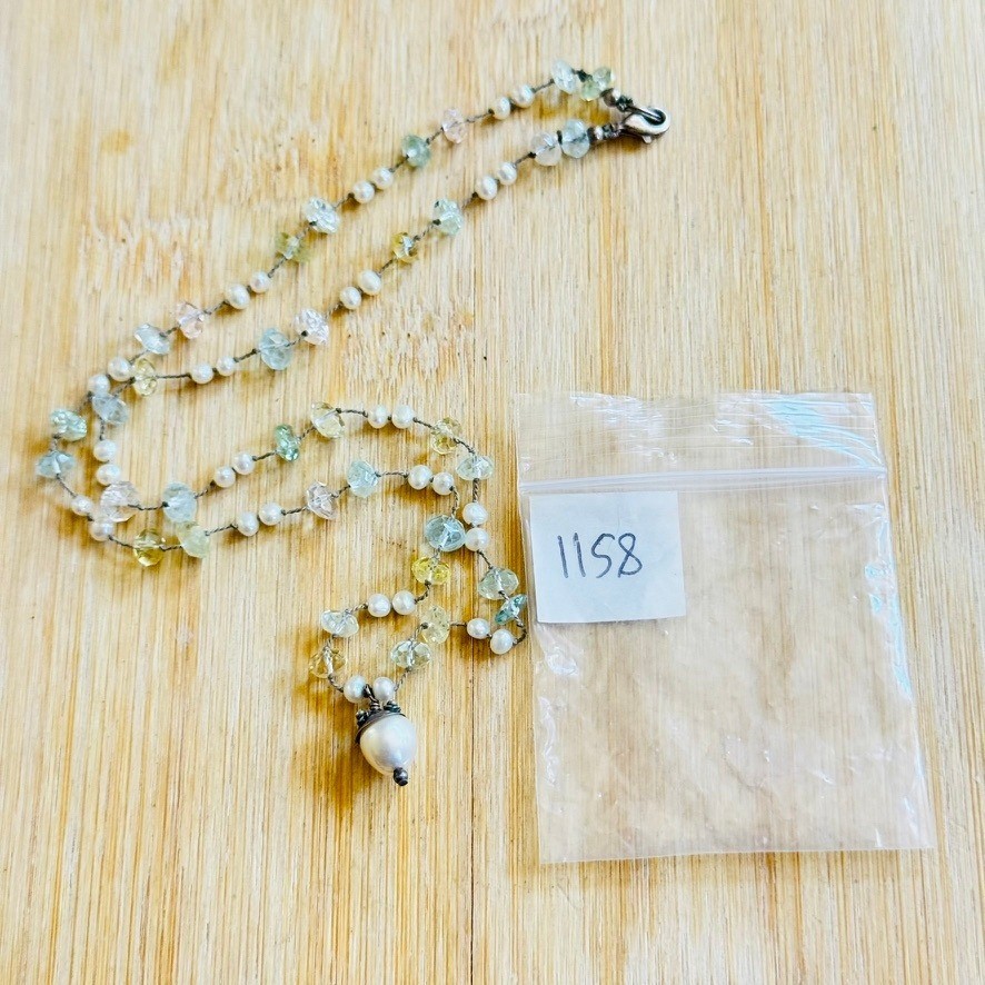 VTG Freshwater Pearl Beaded Choker AquaMarine 90s Necklace Sterling SIlver 925
