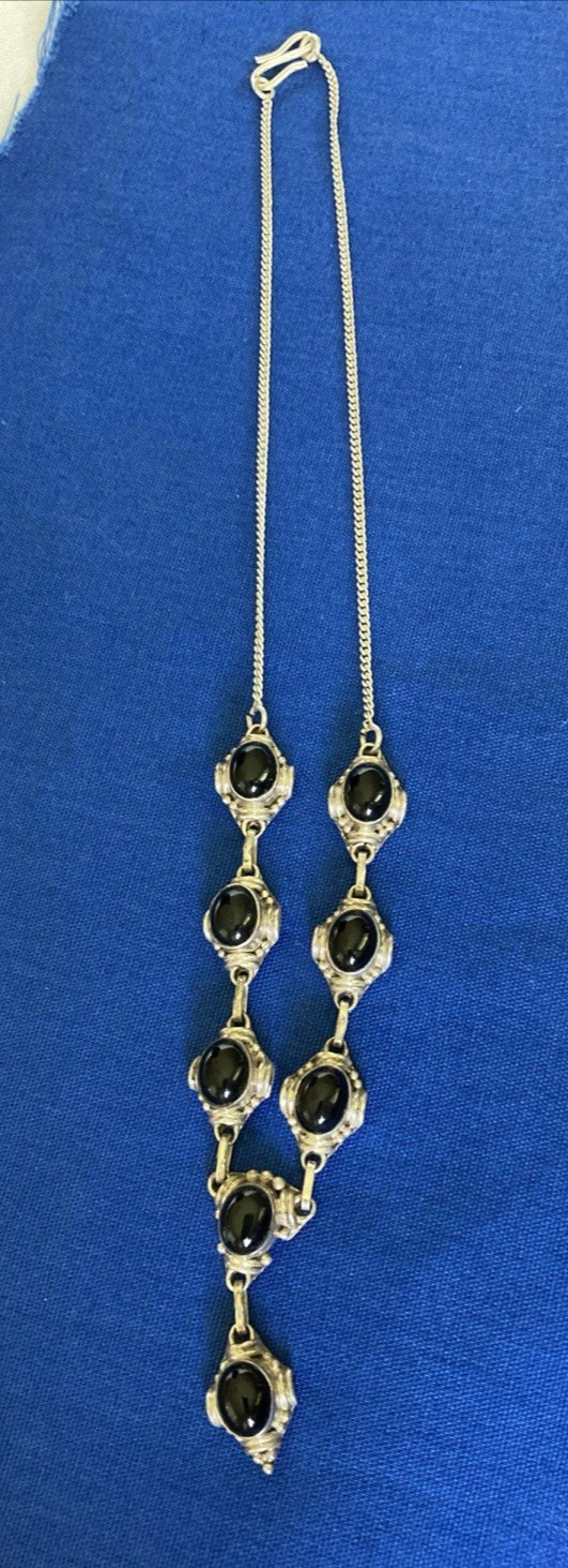 Pendant Necklace Sterling Silver with Black Stones Made in India New