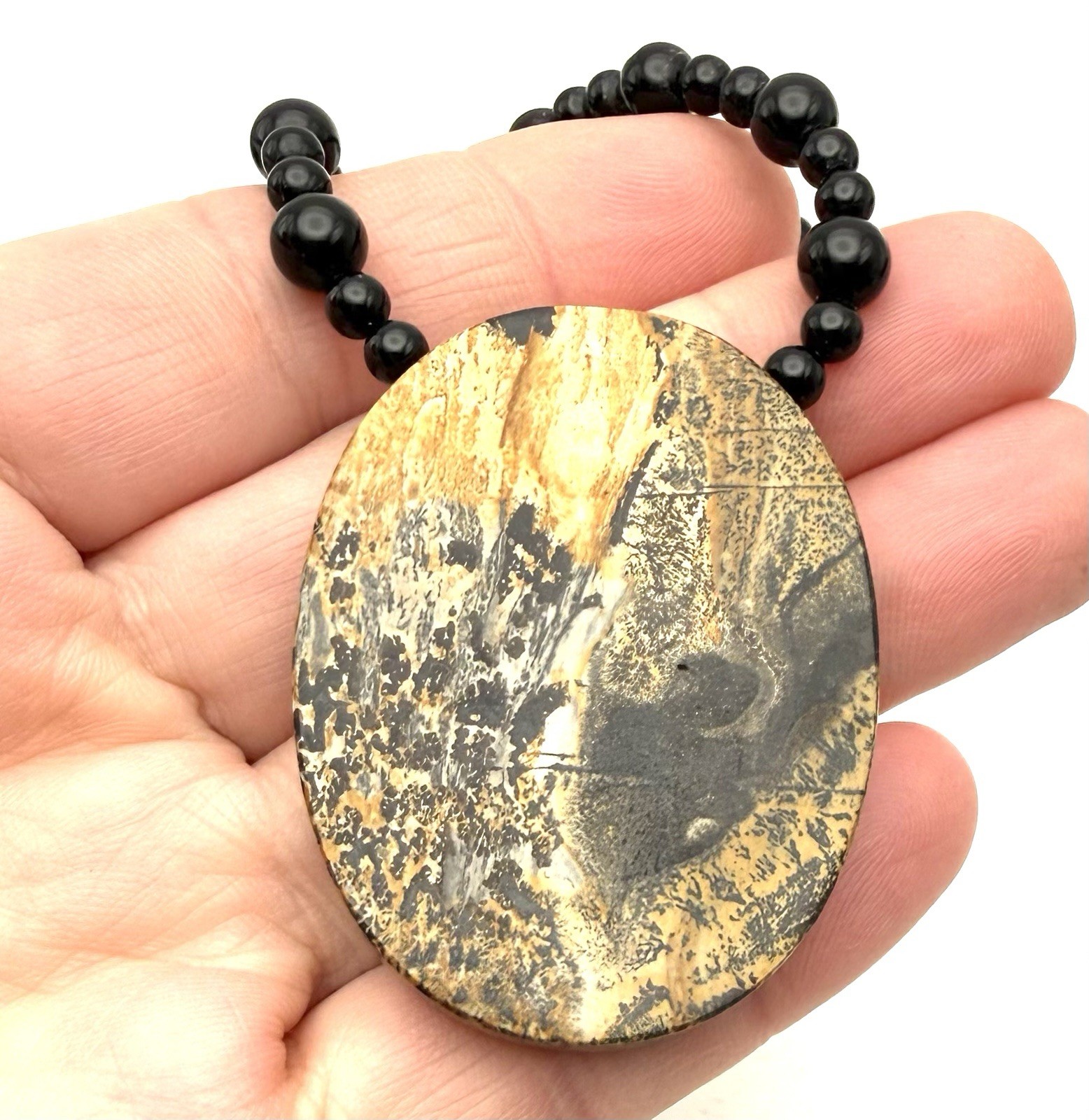 Dendritic Picture Jasper Pendant 925 Clasp Necklace. Black Gemstone Beaded 18”
