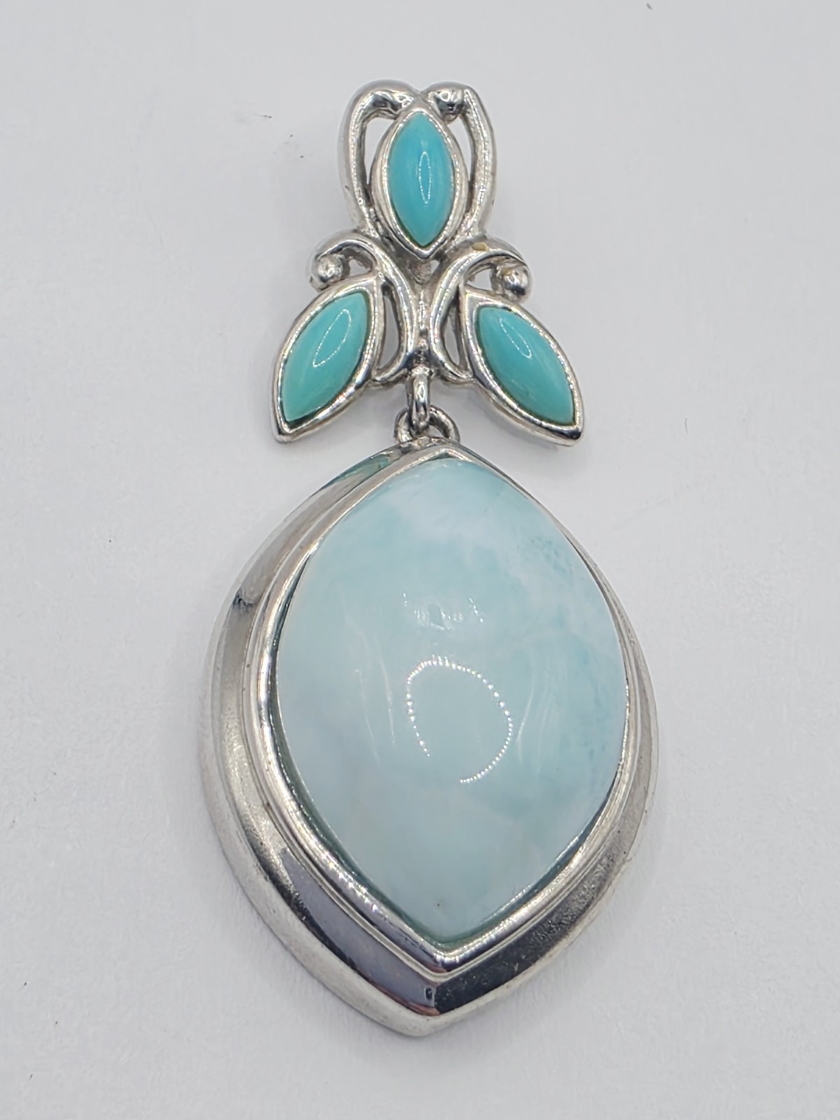 BBJ 925 Sterling Silver Larimar Pendant Thailand Blue Gemstone 9.2g Floral Leaf