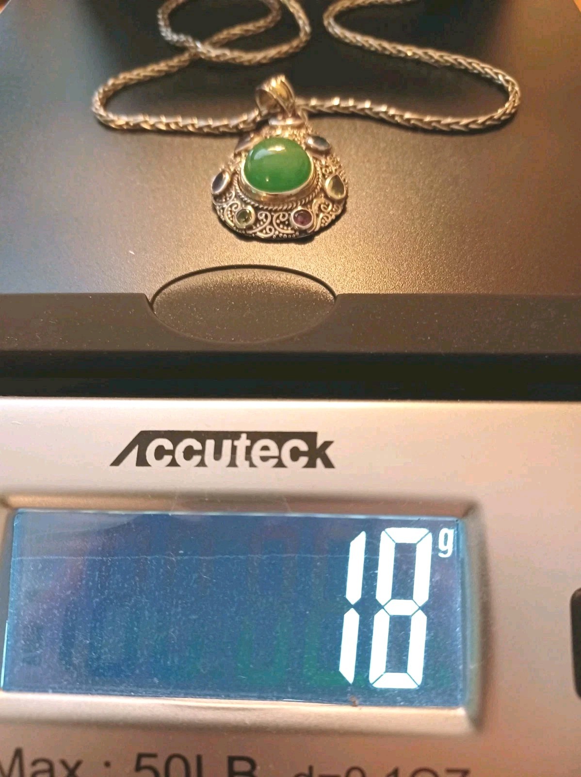 Burmese Green Jade Diamond Pendant Necklace in 925 Sterling Silver.